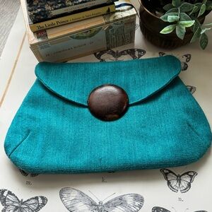 Boho Chic Teal Woven Clutch Purse Vintage Style Wooden Button magnetic closure